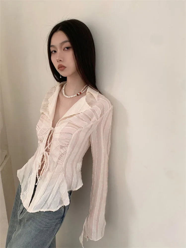 Yedinas Fairycore Lace Up Blouse Women Long Sleeve Spring 2023 New Turn-down Collar Women Shirt Ladies Tops Korean Fashion Chic