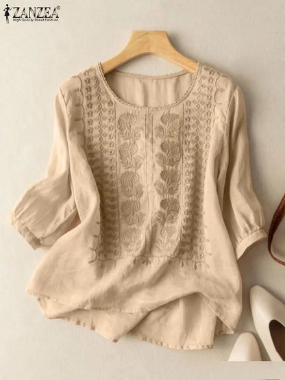 Vintage Shirts ZANZEA Summer Lace Crochet Blouse Women 3/4 O Neck Sleeve Tops Embroidery Blusas Femme Causal Cotton Chemsie