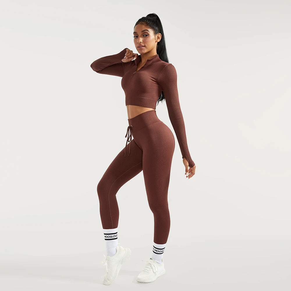 2 PCS Women's Fitness Sports Suits Seamless Yoga Sets Sportswear Workout Gym Clothing Drawstring High Waist Leggings Tracksuit