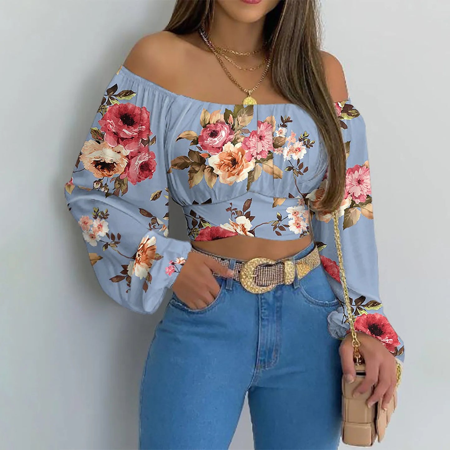 Women Sexy Off Shoulder Printing Blouses Chic and Elegant Lantern Long Sleeve Lace Up Bow Cropped Tops Casual Slim Shirts 2023