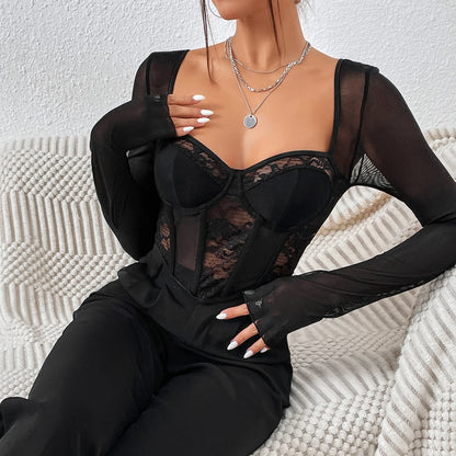 Vemina Selection of Autumn Chic Sexy V Neck Long Sleeve Mesh Crop Top, Women Black Lace Embroidery Hollow Out Slim Blouses