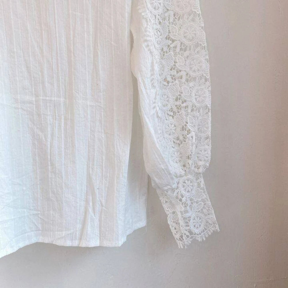 Women's Elegant Embroidery Lace Blouses Flower Petal Sleeve Hollow Out Stand Collar Tunic Spring Solid White Shirt Top For Women