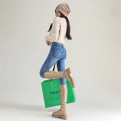 Women Thermal Jeans Winter Snow Warm Plush Stretch Jeans Lady Skinny Thicken Fleece Students Pants Female Retro Blue Trousers