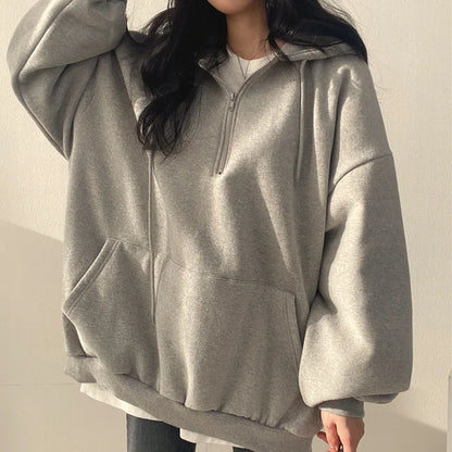 Women Hoodie Harajuku Loose Oversized Solid Color Top Half Zip Up Sweatshirt Female Casual Long Sleeve Pocket Hooded Coats 2024