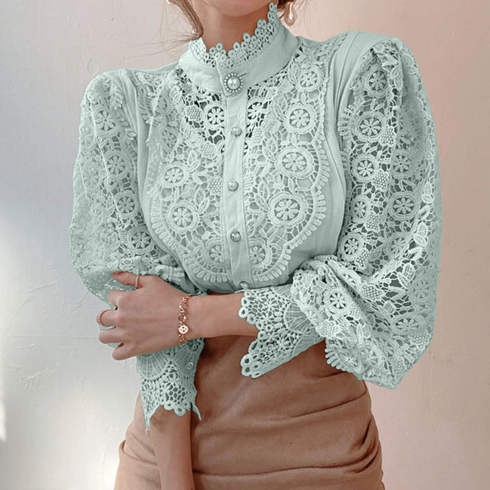 Women's Elegant Embroidery Lace Blouses Flower Petal Sleeve Hollow Out Stand Collar Tunic Spring Solid White Shirt Top For Women