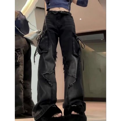 Women's Black Gothic Baggy Cargo Jeans with Star Harajuku Y2k 90s Aesthetic Denim Trousers Emo 2000s Jean Pants Vintage Clothes