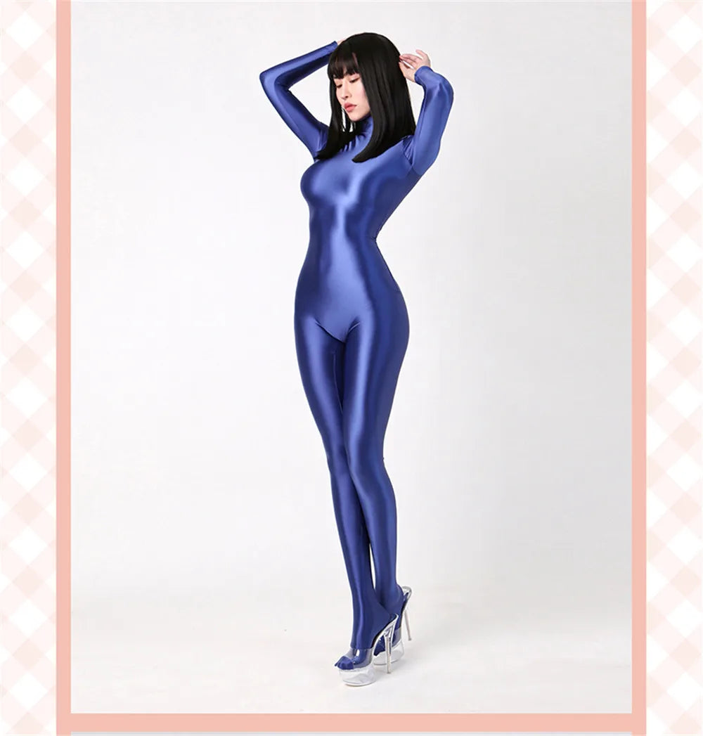 Women Oily Glossy Long Sleeve Elastic Bodysuit Bodycon Rompers One-piece Swimsuit Silky Tights Satin Pantyhose Jumpsuits Thong