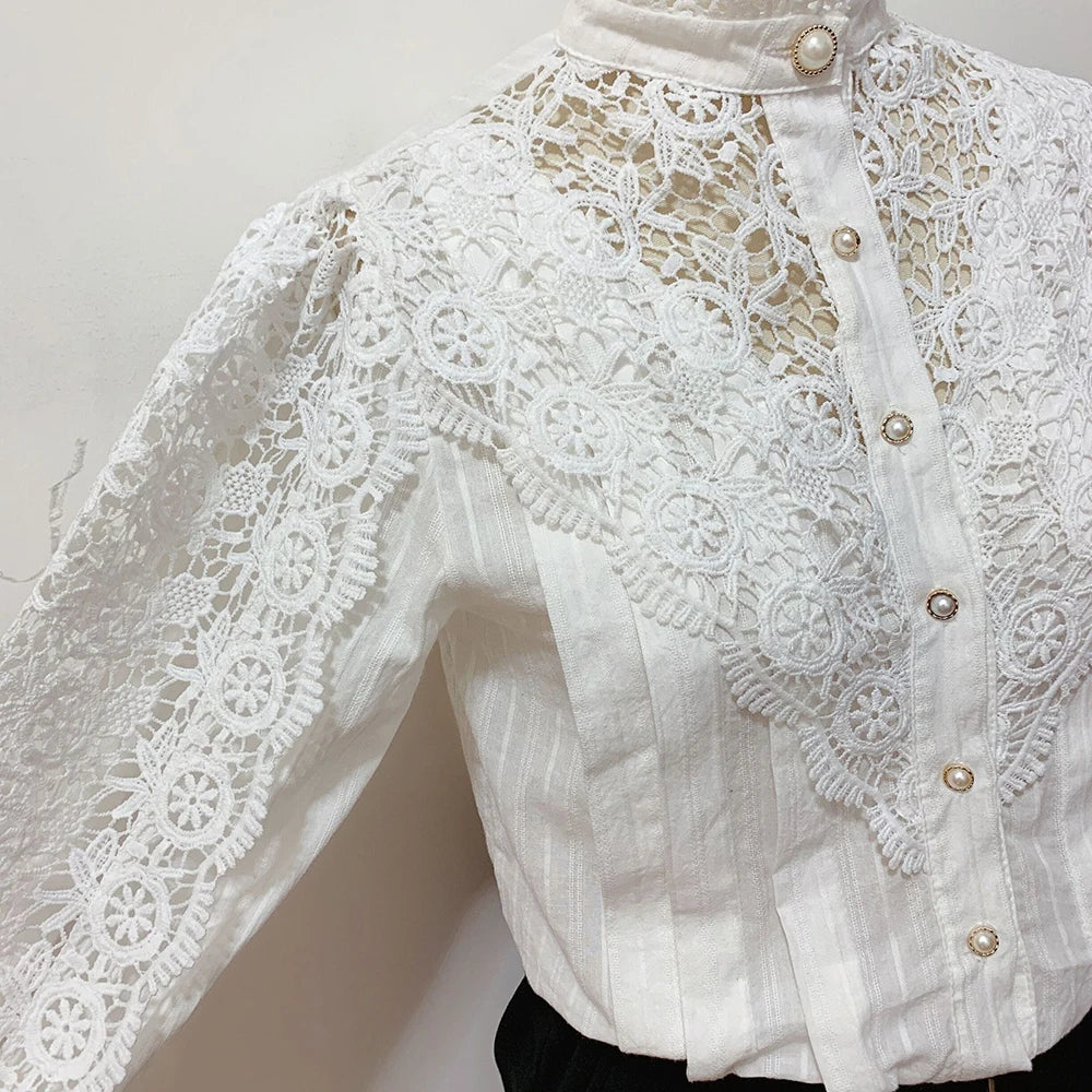 Women's Elegant Embroidery Lace Blouses Flower Petal Sleeve Hollow Out Stand Collar Tunic Spring Solid White Shirt Top For Women