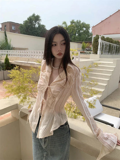 Yedinas Fairycore Lace Up Blouse Women Long Sleeve Spring 2023 New Turn-down Collar Women Shirt Ladies Tops Korean Fashion Chic