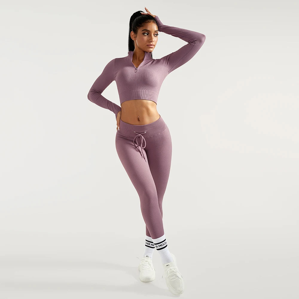 2 PCS Women's Fitness Sports Suits Seamless Yoga Sets Sportswear Workout Gym Clothing Drawstring High Waist Leggings Tracksuit