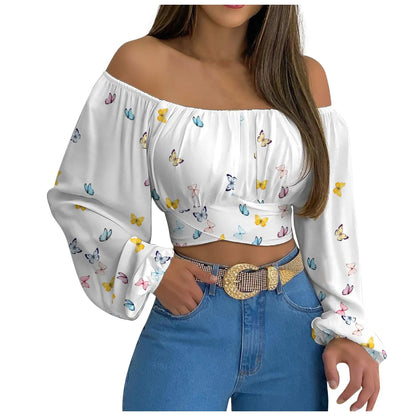 Women Sexy Off Shoulder Printing Blouses Chic and Elegant Lantern Long Sleeve Lace Up Bow Cropped Tops Casual Slim Shirts 2023