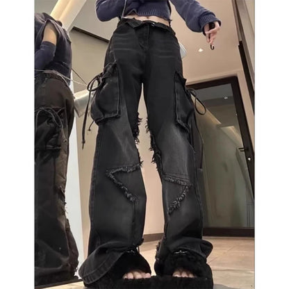 Women's Black Gothic Baggy Cargo Jeans with Star Harajuku Y2k 90s Aesthetic Denim Trousers Emo 2000s Jean Pants Vintage Clothes