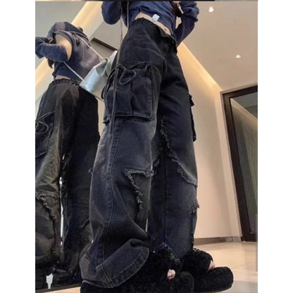 Women's Black Gothic Baggy Cargo Jeans with Star Harajuku Y2k 90s Aesthetic Denim Trousers Emo 2000s Jean Pants Vintage Clothes