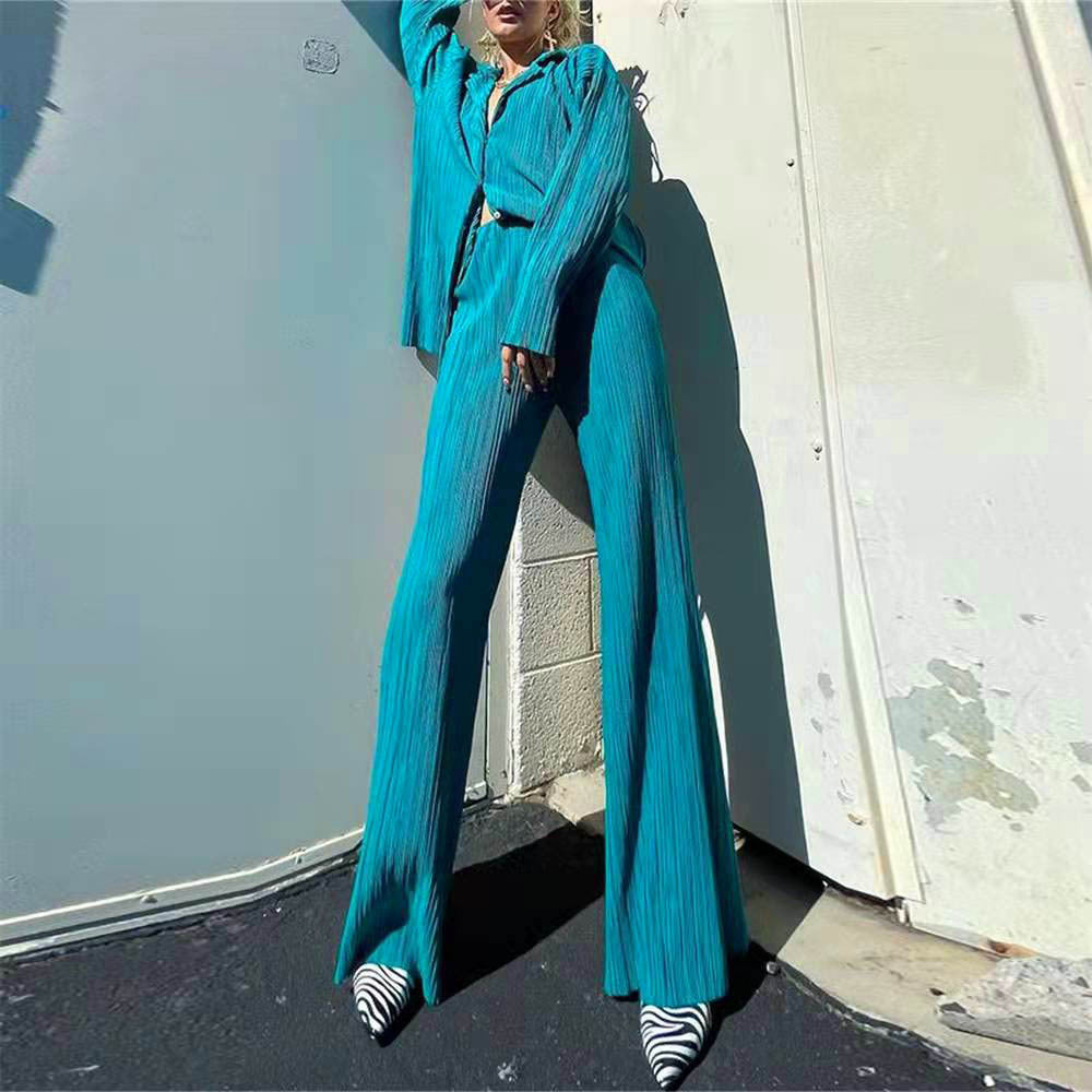 wsevypo Women Pleated 2 Piece Pants Sets Spring Summer Streetwear Long Sleeve Button Down Shirt+Straight-Leg Pants Loose Outfits