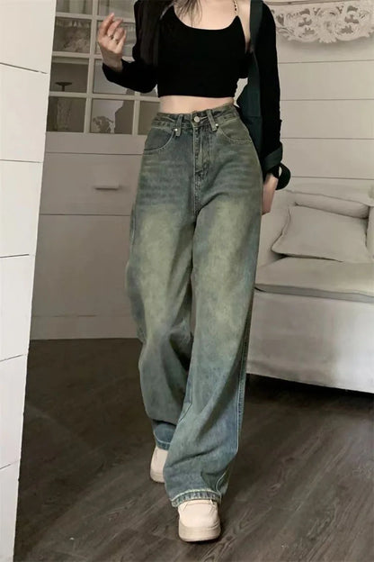 Vintage 90S Baggy Straight Denim Trousers Female Y2K High Waist Loose Wide Leg Jeans Women Streetwear All-Match Casual Pants New