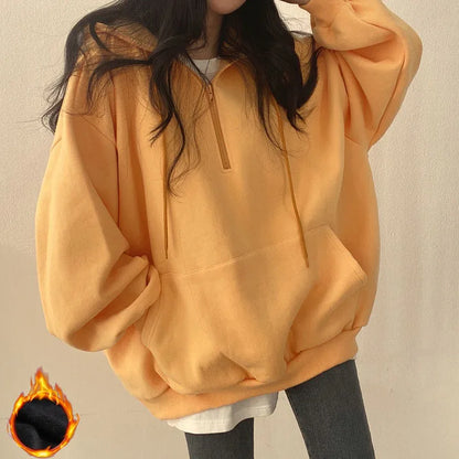 Women Hoodie Harajuku Loose Oversized Solid Color Top Half Zip Up Sweatshirt Female Casual Long Sleeve Pocket Hooded Coats 2024