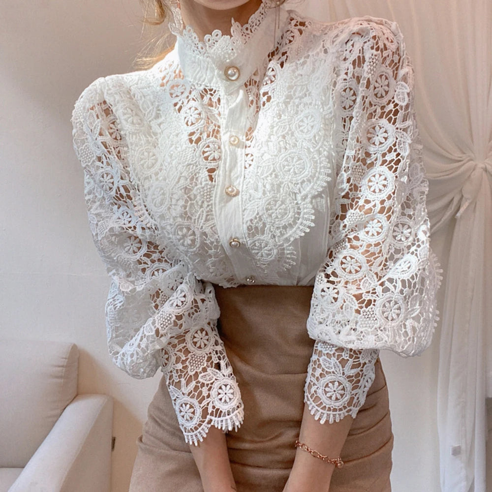 Women's Elegant Embroidery Lace Blouses Flower Petal Sleeve Hollow Out Stand Collar Tunic Spring Solid White Shirt Top For Women