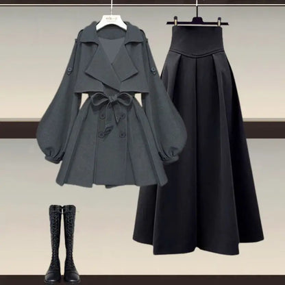 Women's 2023 Autumn/Winter New Fashion Waist Jacket Midi Skirt Two Piece Suit Korean Elegant Loose Coat Dress Matching Set