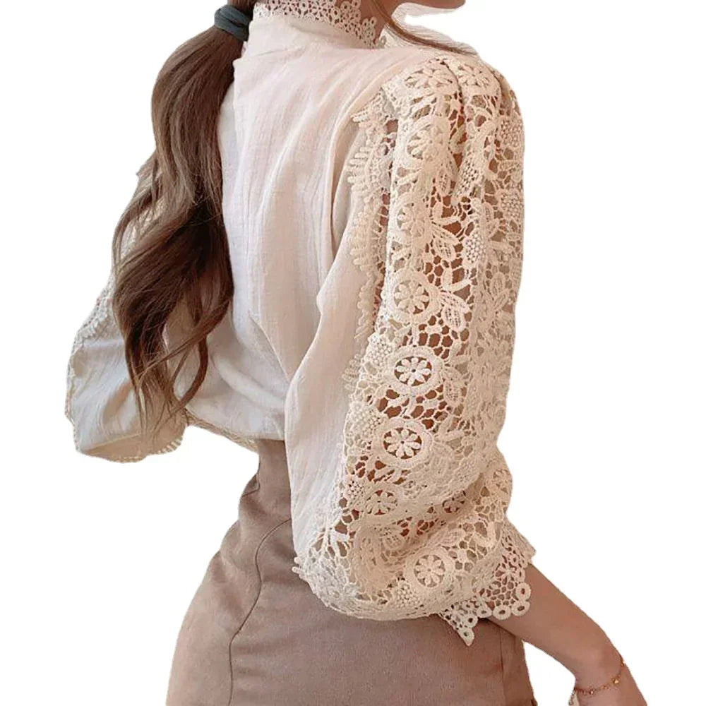 Women White Lace Blouse Big size Sexy Long Sleeve Lace Basic Shirt Top Spring Summer Korea Elegant Flower Blouse Office Outfit