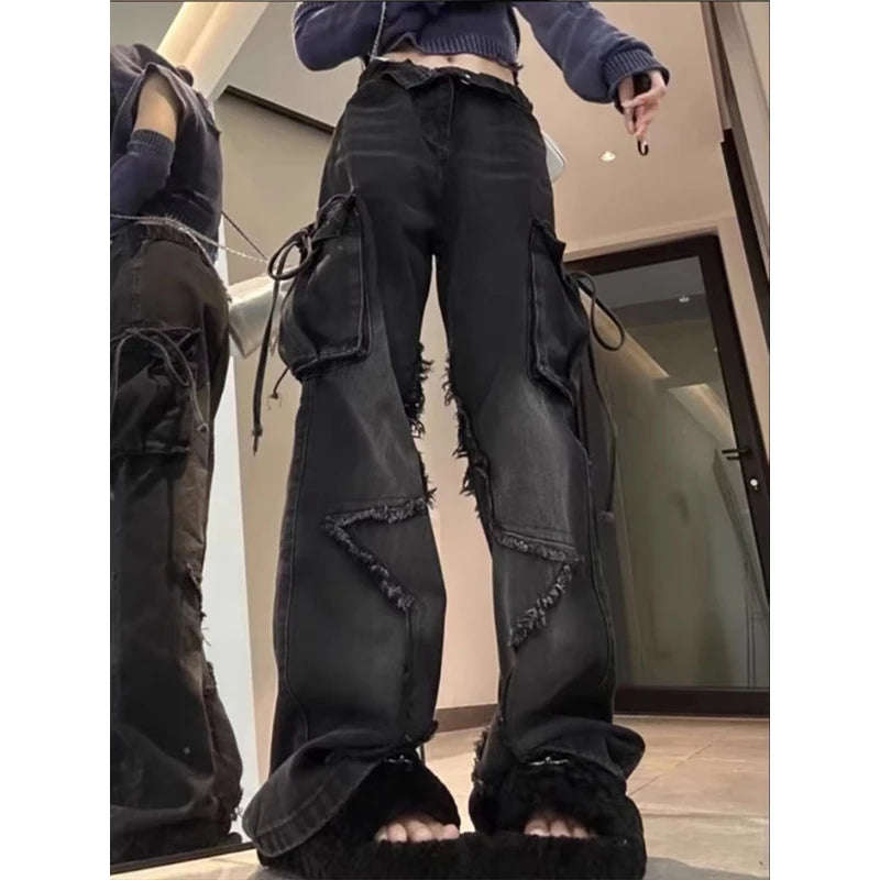 Women's Black Gothic Baggy Cargo Jeans with Star Harajuku Y2k 90s Aesthetic Denim Trousers Emo 2000s Jean Pants Vintage Clothes