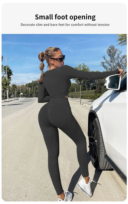 Women Yoga Sets Workout 2 Pieces Seamless Sportswear Gym Clothing Tracksuit Long Sleeve Crop Top High Waist Leggings for Fitness