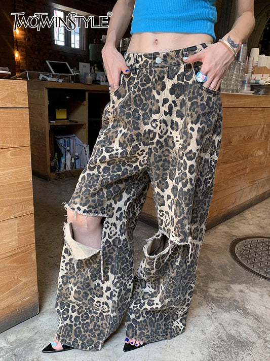 TWOTWINSTYLE Leopard Ripped Wide Leg Jeans For Women High Waist Patchwork Button Loose Fashion Denim Pant Female Clothing New