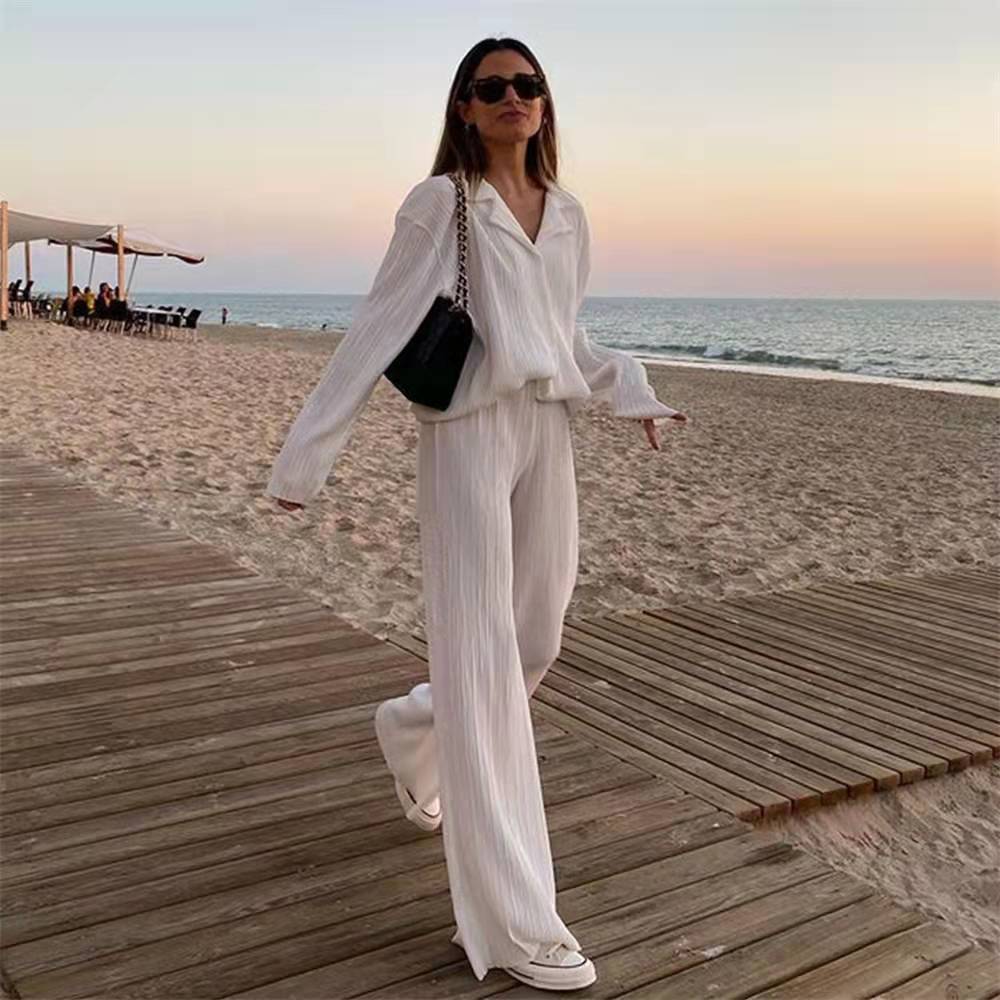 wsevypo Women Pleated 2 Piece Pants Sets Spring Summer Streetwear Long Sleeve Button Down Shirt+Straight-Leg Pants Loose Outfits