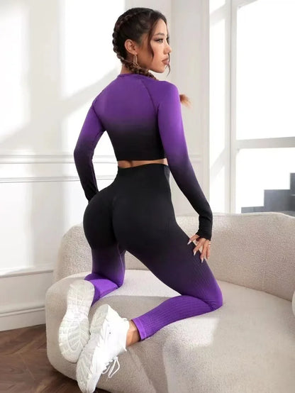 Women Yoga 2 Pieces Workout Outfits Seamless High Waist Leggings Sports Crop Top Running Clothes Sets