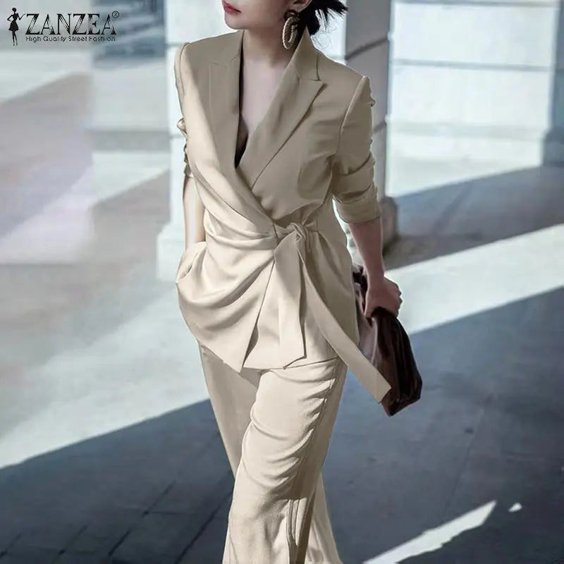 ZANZEA Elegant OL Work Suit Women Solid Blazer & Wide Leg Pant Sets Fashion 2PCS Urban Tracksuits Ladies Office Outfits Oversize