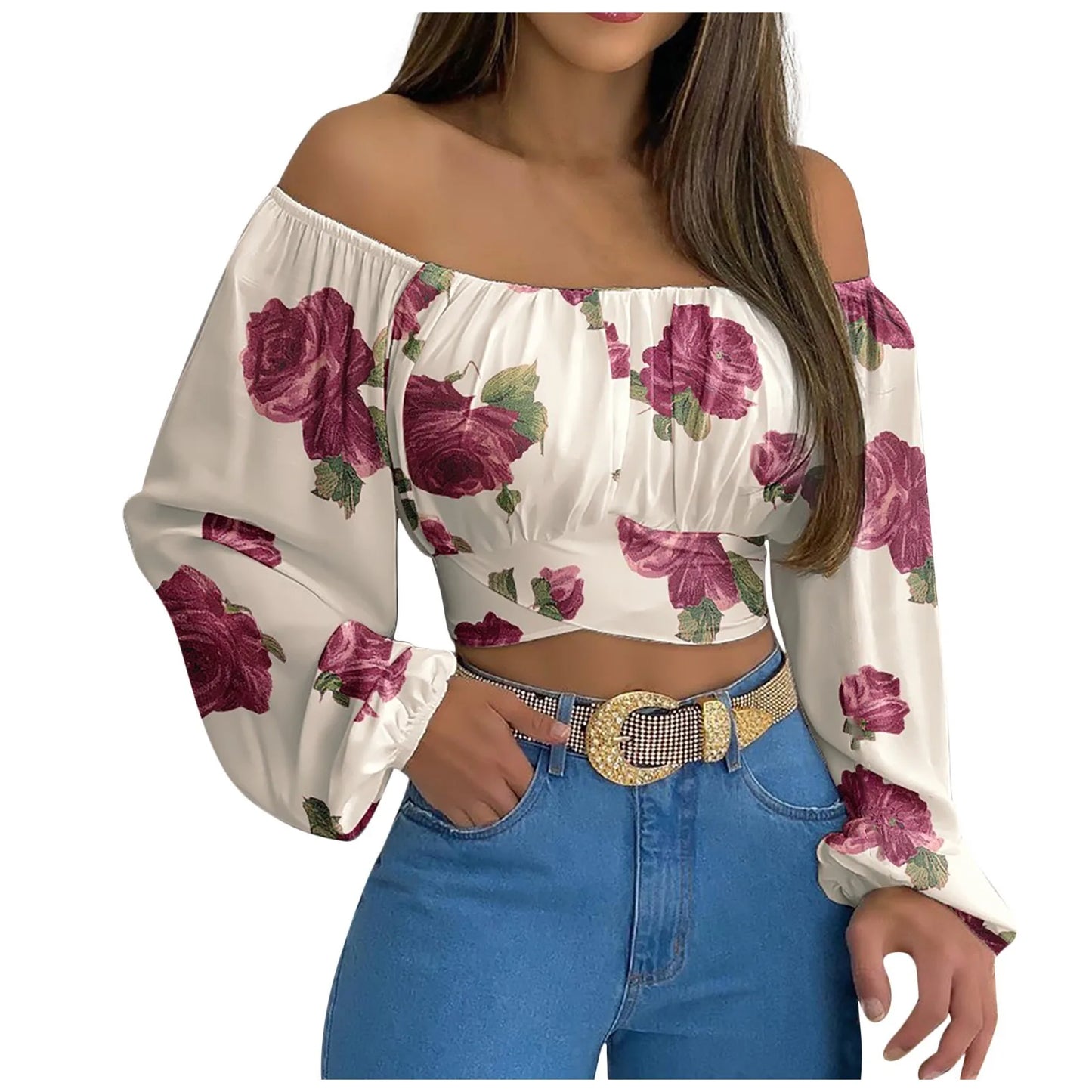 Women Sexy Off Shoulder Printing Blouses Chic and Elegant Lantern Long Sleeve Lace Up Bow Cropped Tops Casual Slim Shirts 2023