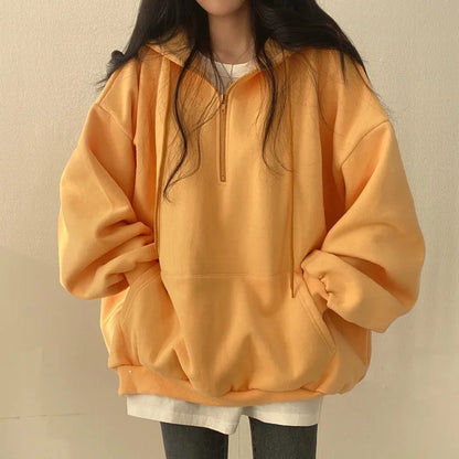 Women Hoodie Harajuku Loose Oversized Solid Color Top Half Zip Up Sweatshirt Female Casual Long Sleeve Pocket Hooded Coats 2024