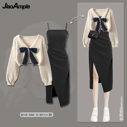 Women's Spring Autumn New Knitted Sweaters Two Piece 2024 Korean Elegant Bow Cardigan Strap Skirt Matching Set Female Clothing