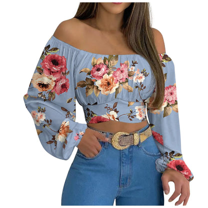 Women Sexy Off Shoulder Printing Blouses Chic and Elegant Lantern Long Sleeve Lace Up Bow Cropped Tops Casual Slim Shirts 2023