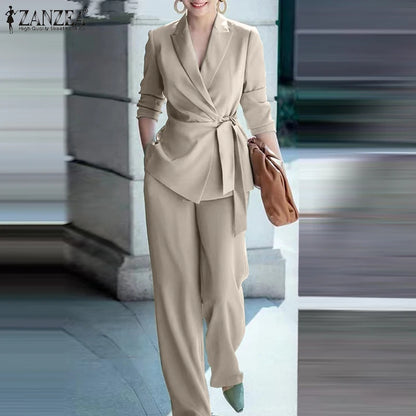 ZANZEA Elegant OL Work Suit Women Solid Blazer & Wide Leg Pant Sets Fashion 2PCS Urban Tracksuits Ladies Office Outfits Oversize