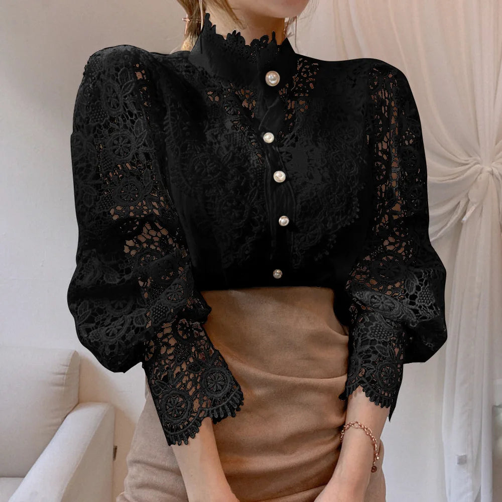 Women's Elegant Embroidery Lace Blouses Flower Petal Sleeve Hollow Out Stand Collar Tunic Spring Solid White Shirt Top For Women