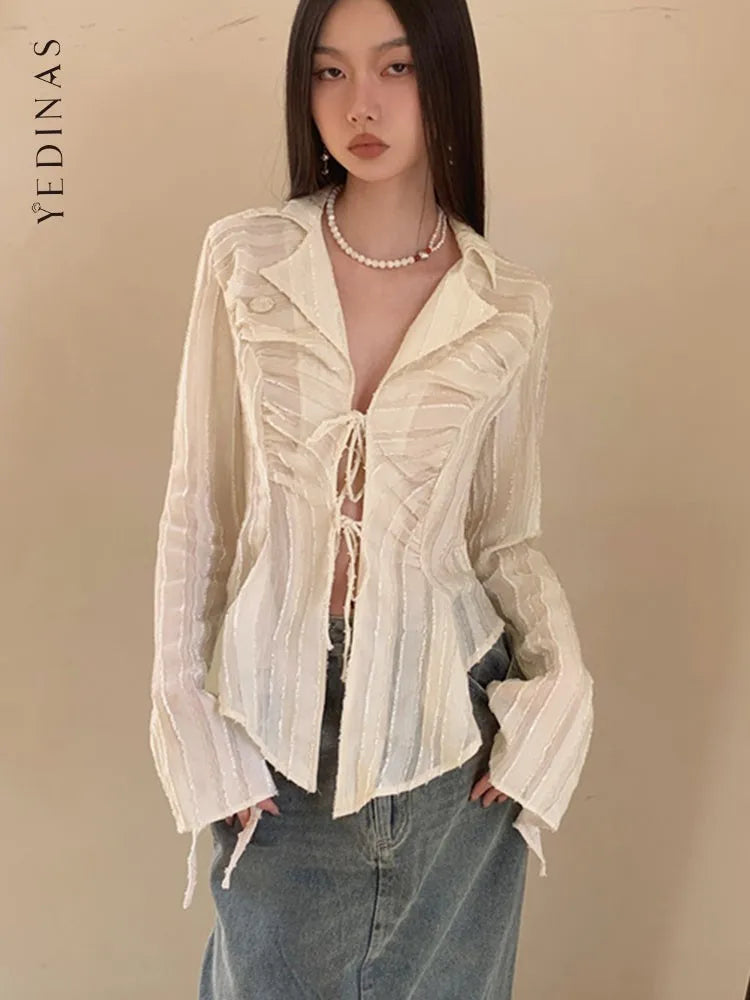 Yedinas Fairycore Lace Up Blouse Women Long Sleeve Spring 2023 New Turn-down Collar Women Shirt Ladies Tops Korean Fashion Chic