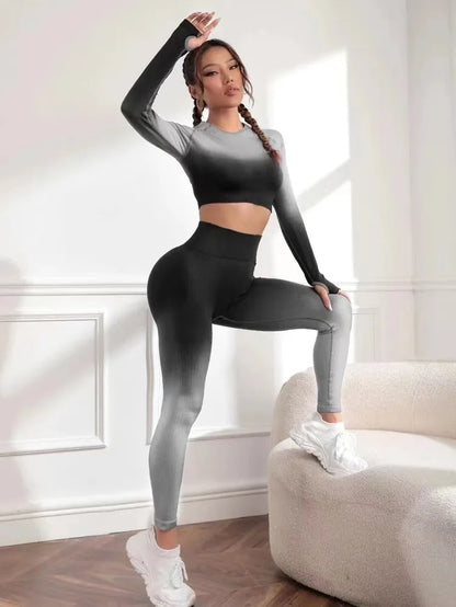 Women Yoga 2 Pieces Workout Outfits Seamless High Waist Leggings Sports Crop Top Running Clothes Sets