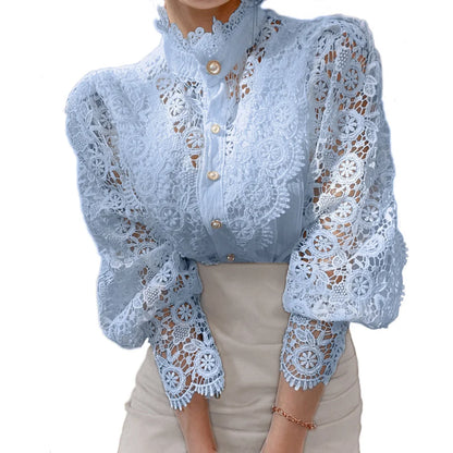 Women White Lace Blouse Big size Sexy Long Sleeve Lace Basic Shirt Top Spring Summer Korea Elegant Flower Blouse Office Outfit