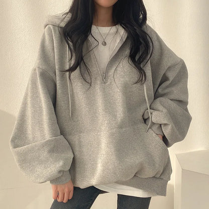 Women Hoodie Harajuku Loose Oversized Solid Color Top Half Zip Up Sweatshirt Female Casual Long Sleeve Pocket Hooded Coats 2024