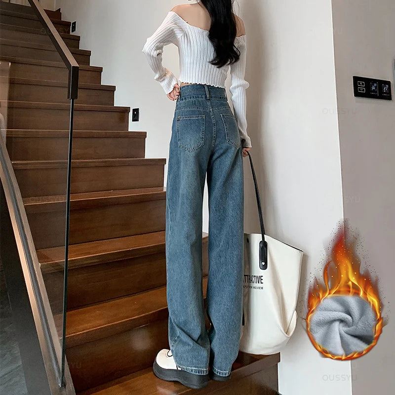 Winter Jeans Women Fleece Warm Denim Trousers High Waist Casual Loose Female Denim Pants Thick Velvet Cotton Wide Leg Woman Jean