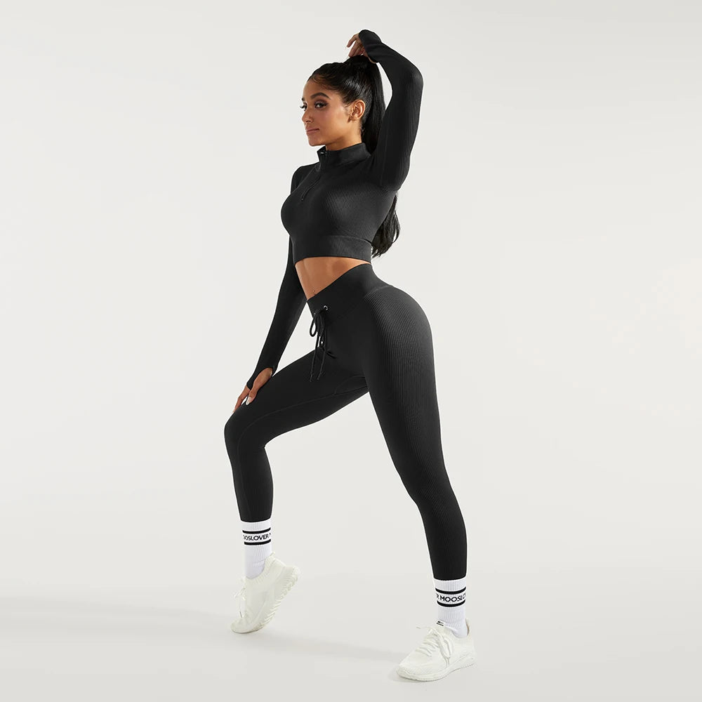 2 PCS Women's Fitness Sports Suits Seamless Yoga Sets Sportswear Workout Gym Clothing Drawstring High Waist Leggings Tracksuit