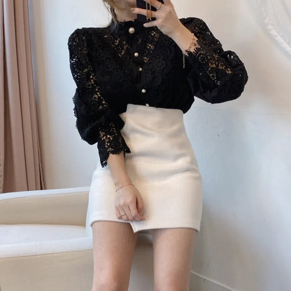 Women White Lace Blouse Big size Sexy Long Sleeve Lace Basic Shirt Top Spring Summer Korea Elegant Flower Blouse Office Outfit