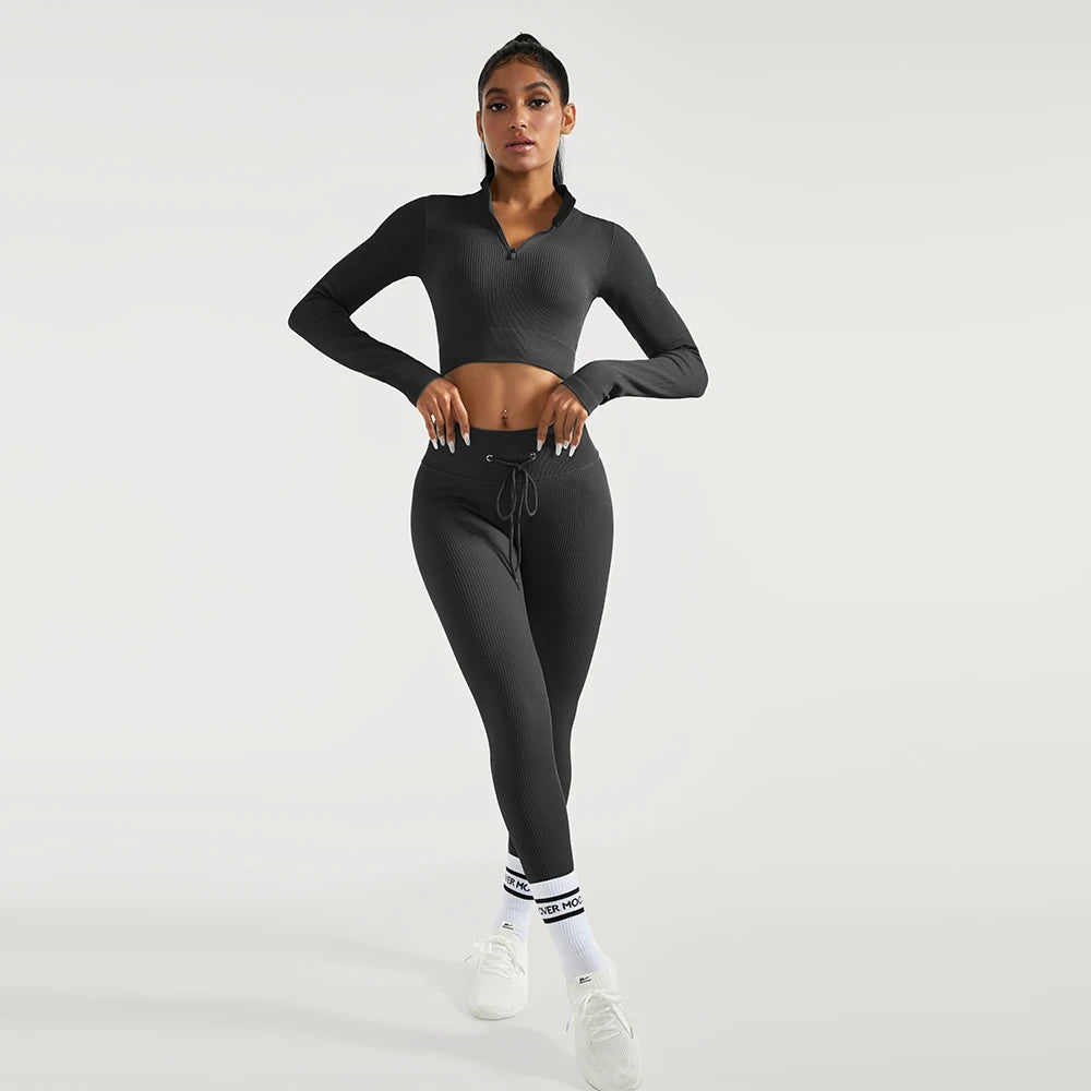 2 PCS Women's Fitness Sports Suits Seamless Yoga Sets Sportswear Workout Gym Clothing Drawstring High Waist Leggings Tracksuit