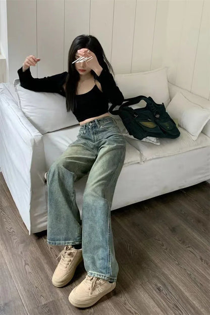 Vintage 90S Baggy Straight Denim Trousers Female Y2K High Waist Loose Wide Leg Jeans Women Streetwear All-Match Casual Pants New