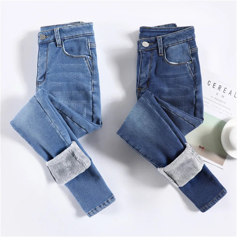 Women Thermal Jeans Winter Snow Warm Plush Stretch Jeans Lady Skinny Thicken Fleece Students Pants Female Retro Blue Trousers