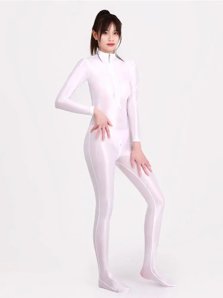 Women Oily Glossy Long Sleeve Elastic Bodysuit Bodycon Rompers One-piece Swimsuit Silky Tights Satin Pantyhose Jumpsuits Thong