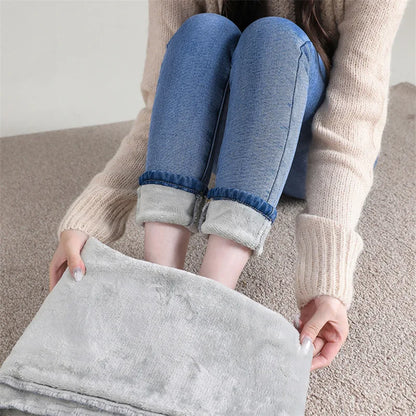 Women Thermal Jeans Winter Snow Warm Plush Stretch Jeans Lady Skinny Thicken Fleece Students Pants Female Retro Blue Trousers