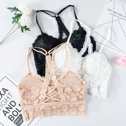 Women White Crop Tops Lace Print Camisole Sexy Hollow Backless Bra Removable Chest Pad Bralette Solid Beauty Back Tank Top