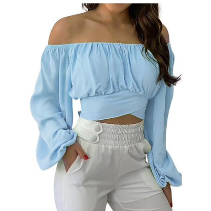 Women Sexy Off Shoulder Printing Blouses Chic and Elegant Lantern Long Sleeve Lace Up Bow Cropped Tops Casual Slim Shirts 2023