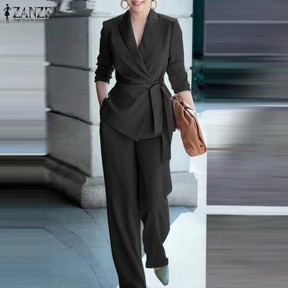 ZANZEA Elegant OL Work Suit Women Solid Blazer & Wide Leg Pant Sets Fashion 2PCS Urban Tracksuits Ladies Office Outfits Oversize